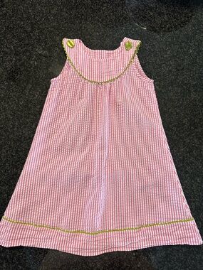 Pink Seersucker Girls' Sleeveless Dress with Green Trim - Size 5 - JK Clothing